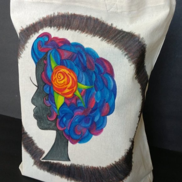Painted Tote Bag with Retro Silhouett Woman With Blue Hair Artisan Handmade NWT - Picture 8 of 16